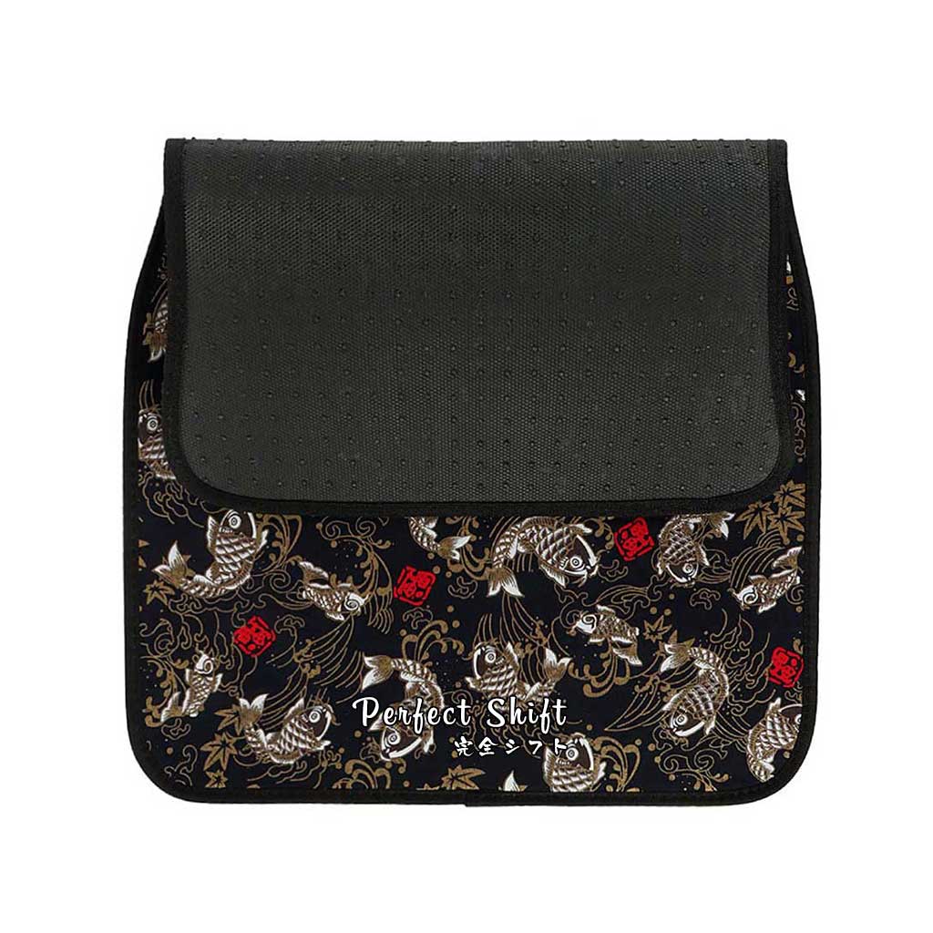 Display of the front of back of black koi fish JDM floor mat