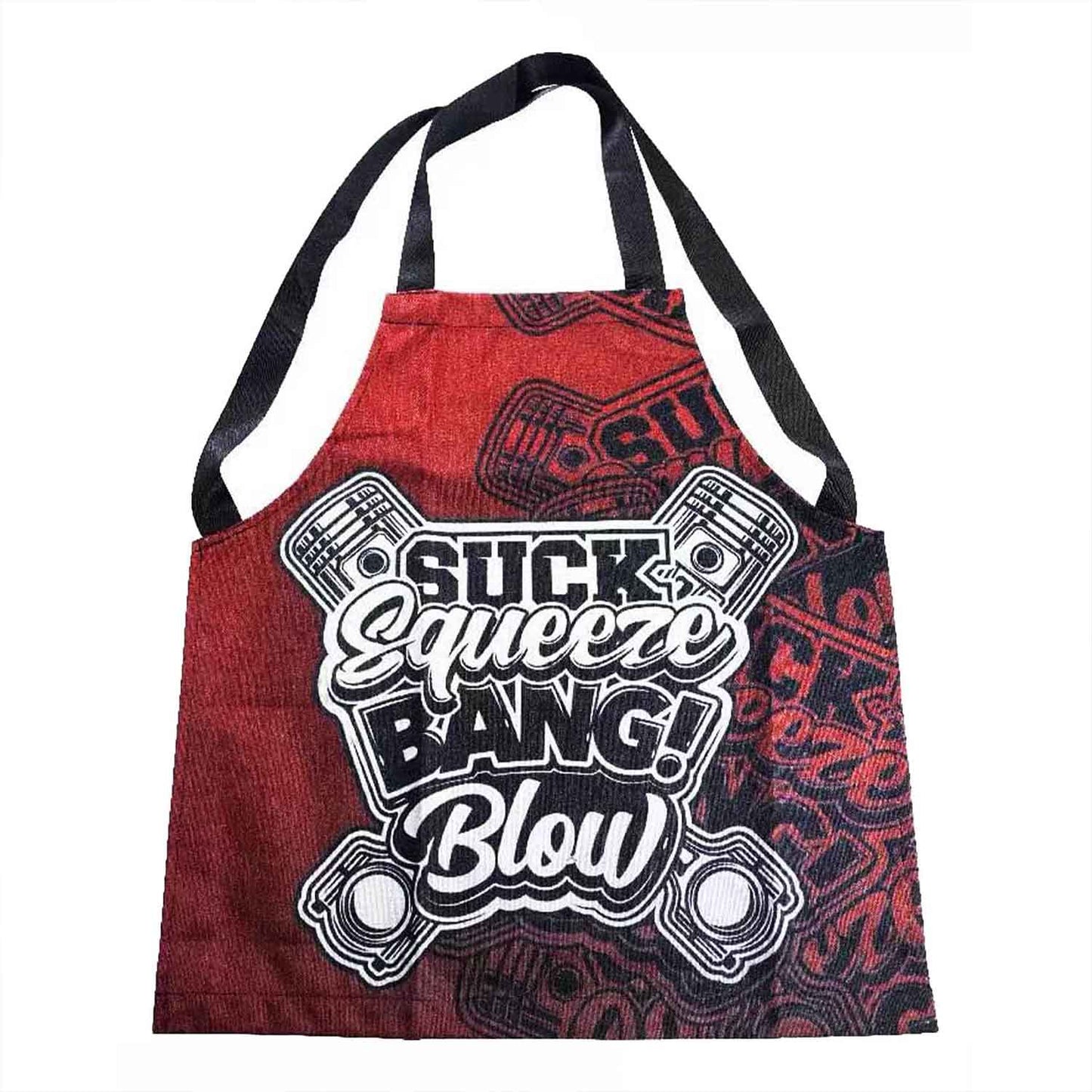 A red JDM-themed apron with writings 'suck, squeeze, bang, blow' flat laid on a white background