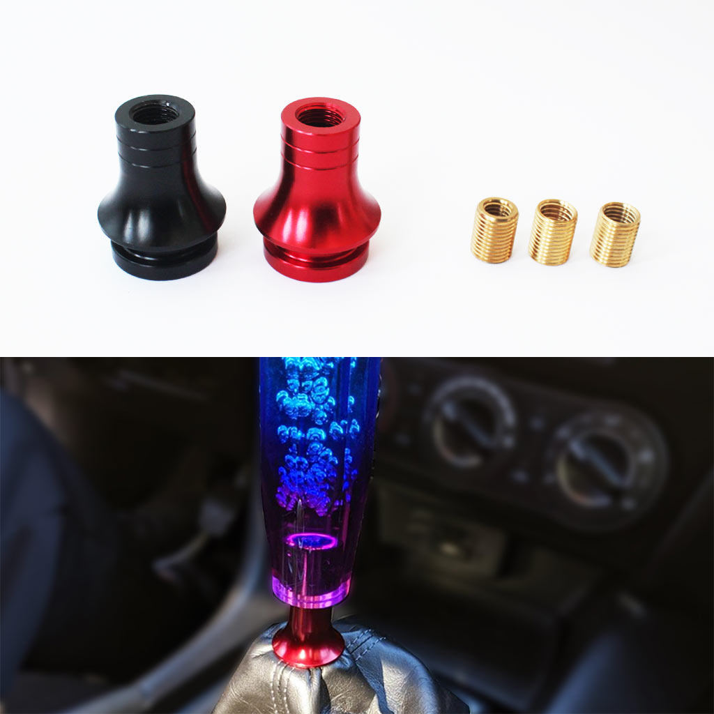 Two threaded boot retainers in different colours and three aluminum adapters on the top half, and the display of the boot retainer installed on a car on the bottom half