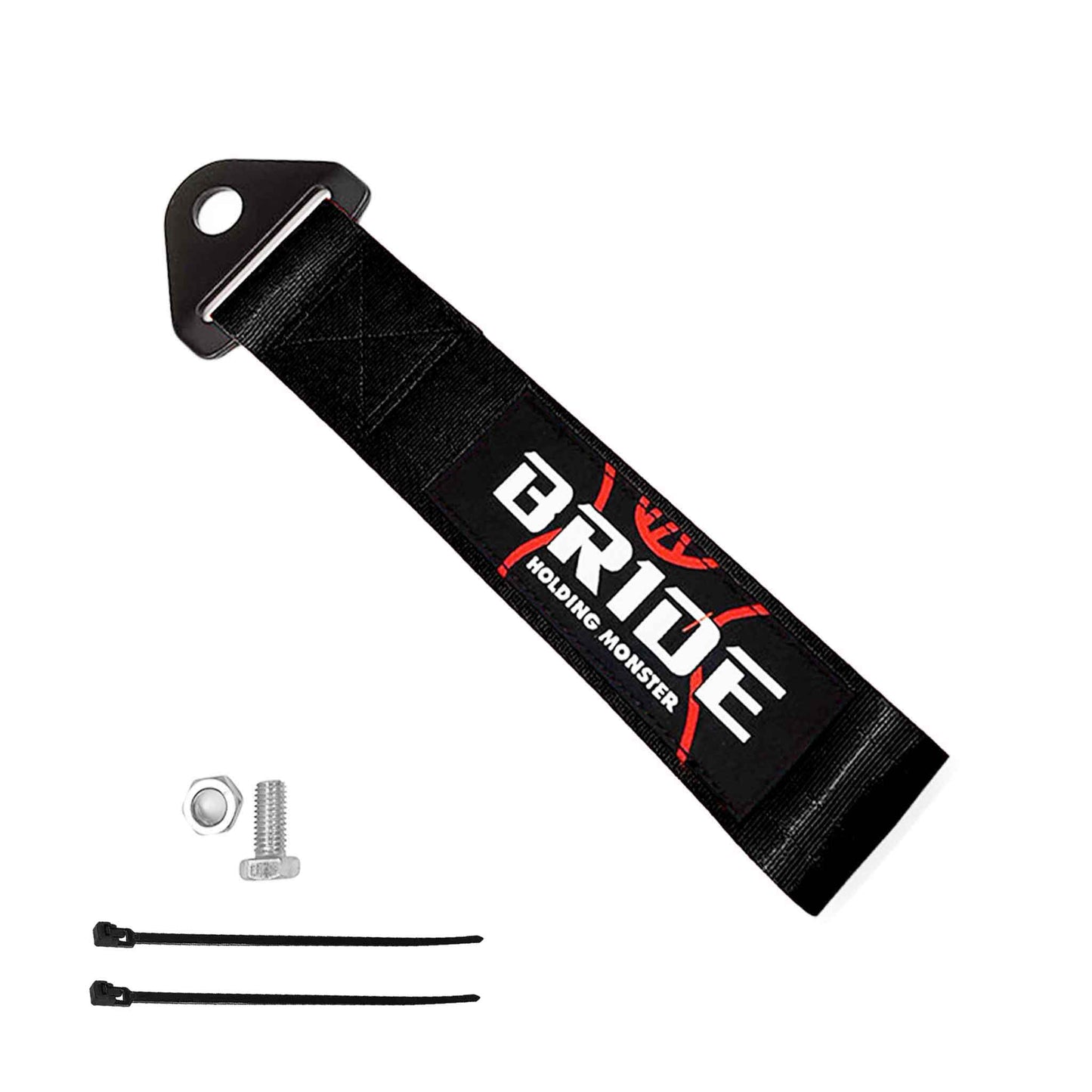 A black Bride tow strap, a set of bolt and nut, and two zip ties on a white background