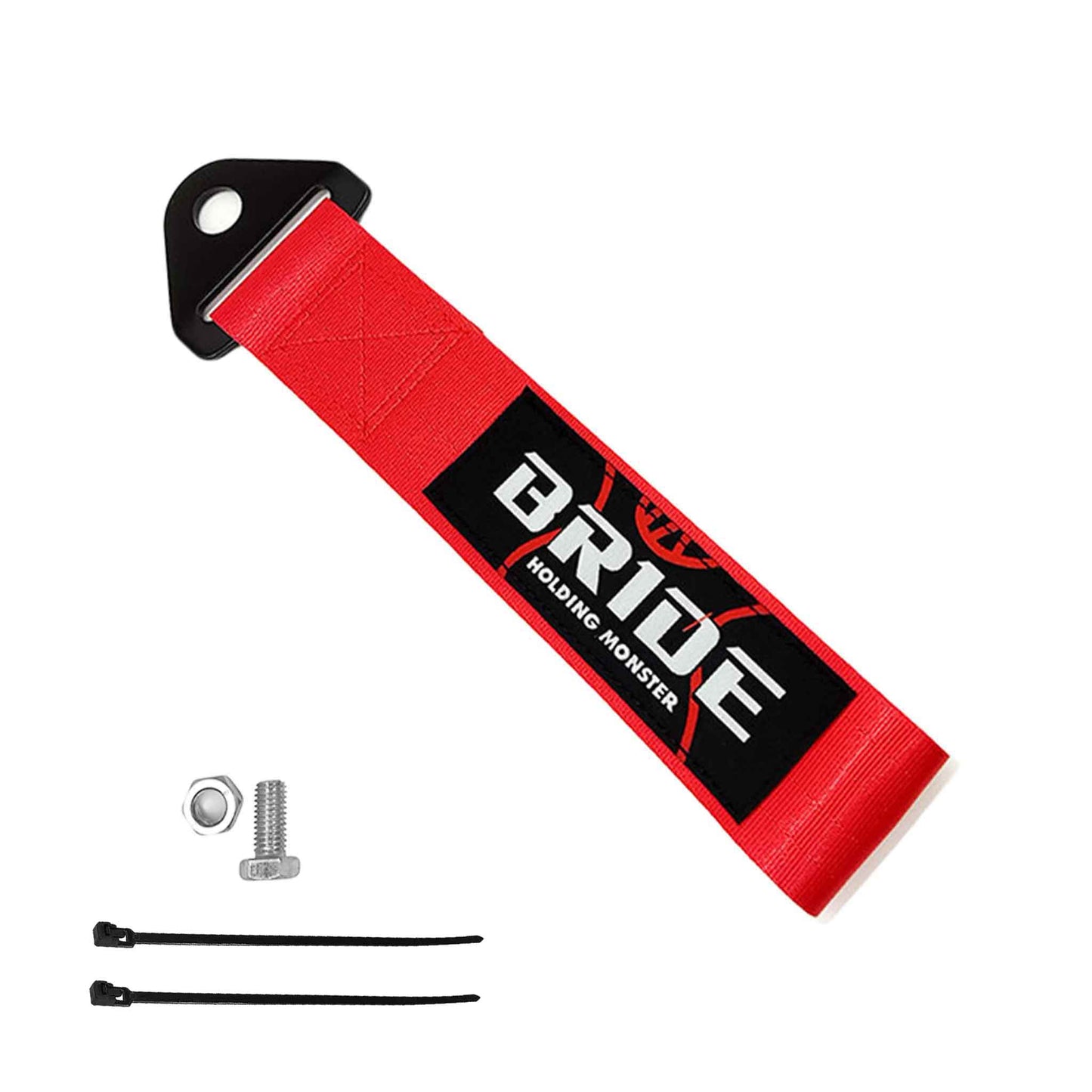 A red Bride tow strap, a set of bolt and nut, and two zip ties on a white background
