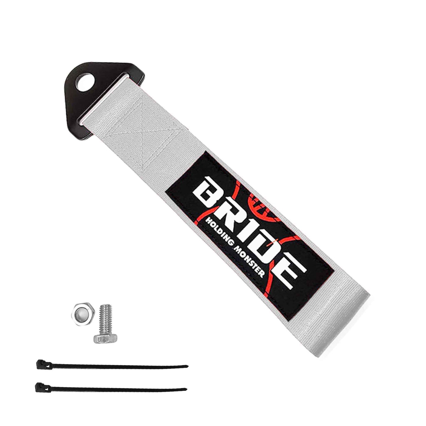 A silver Bride tow strap, a set of bolt and nut, and two zip ties on a white background