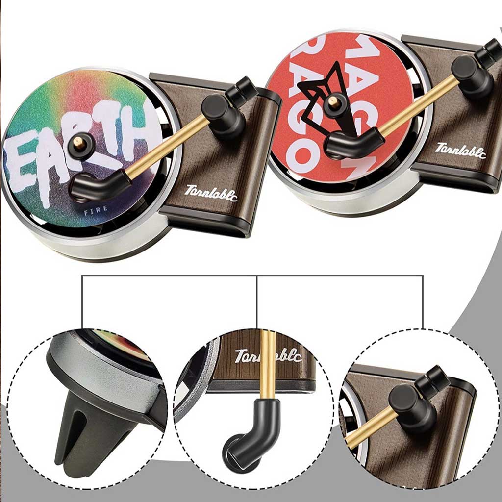 Two mini record player air fresheners on a white background with three bubbles underneath showcasing their details