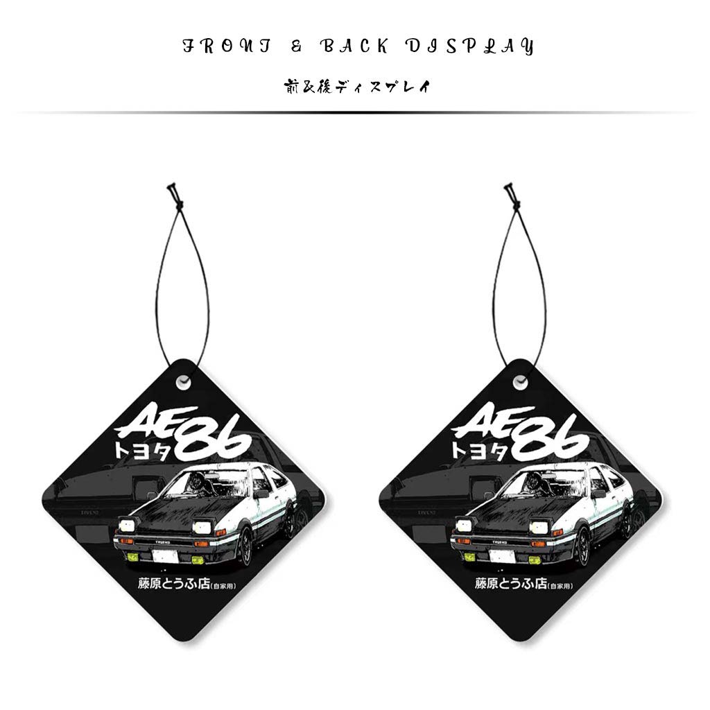 The front and the back of an AE86 air-freshener on a white background