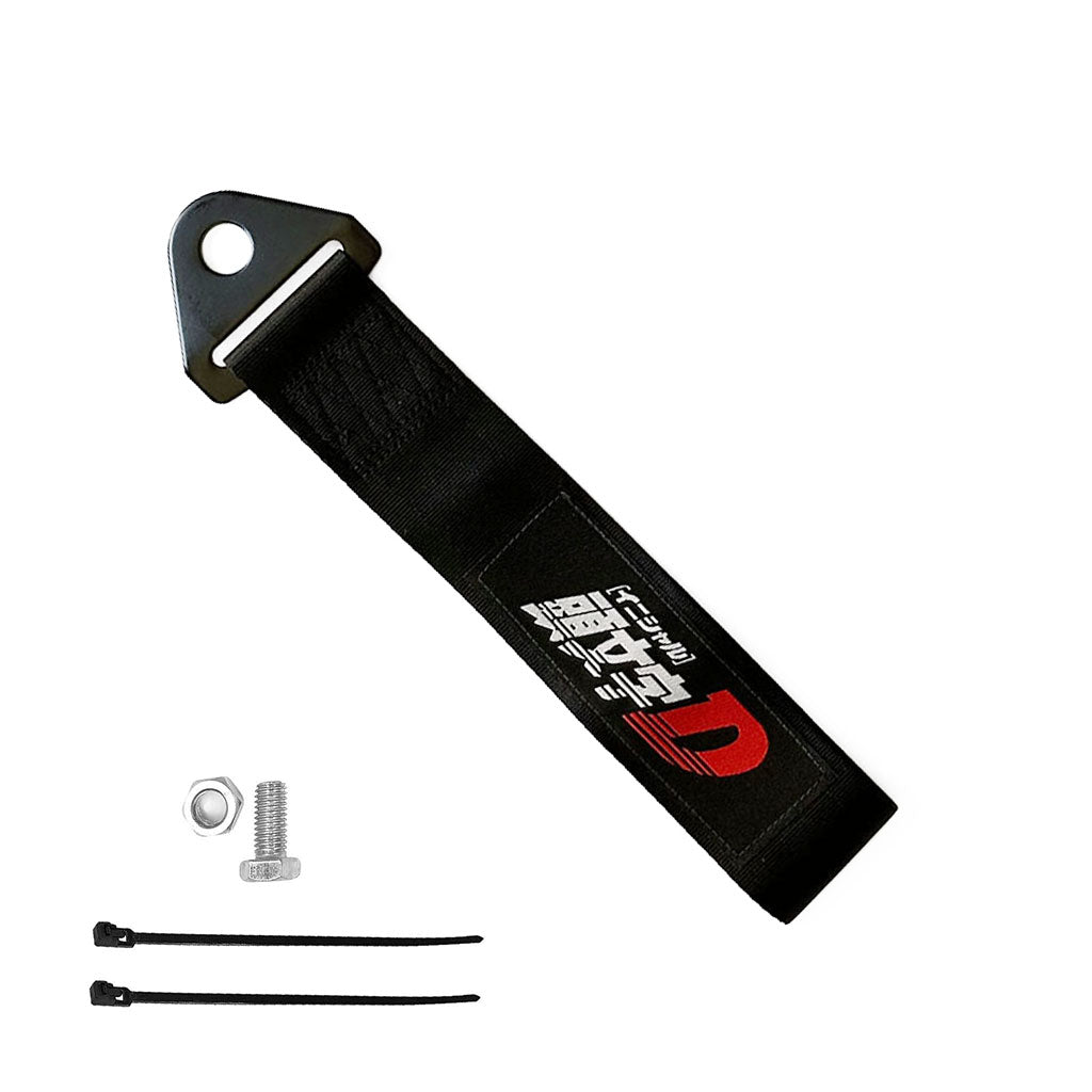 A black Initial-D tow strap with install tools on a white background