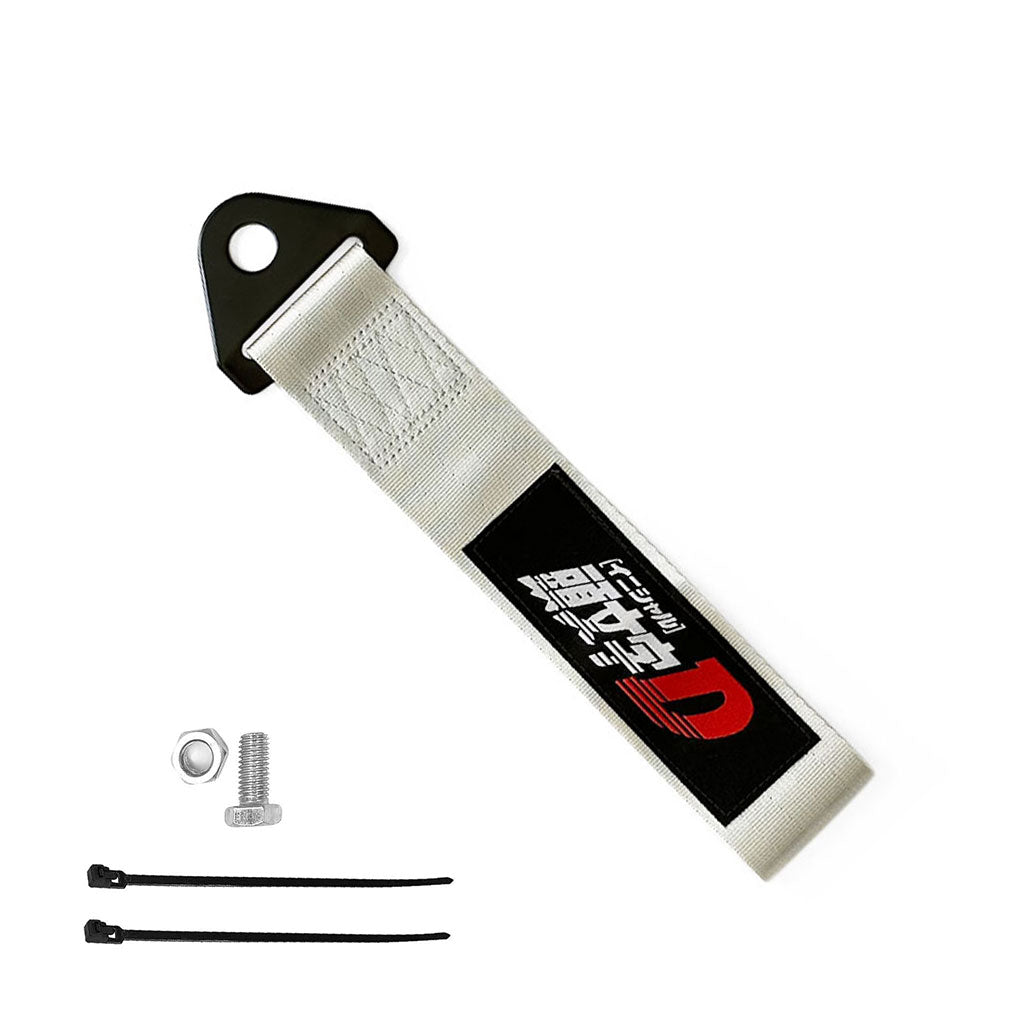 A silver Initial-D tow strap with install tools on a white background