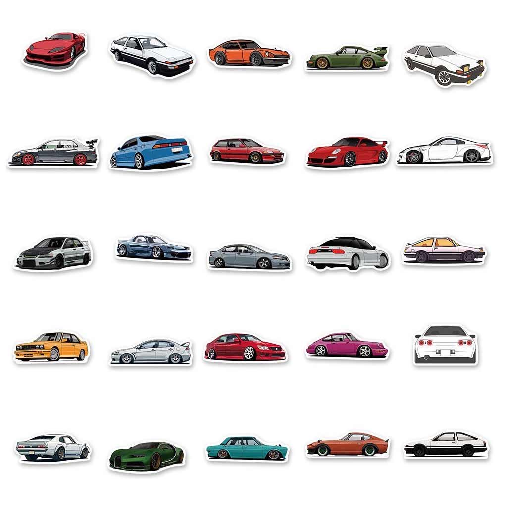 Various tiny colourful JDM car stickers placed neatly on a white background, including ae86, r32, lancer, type-r