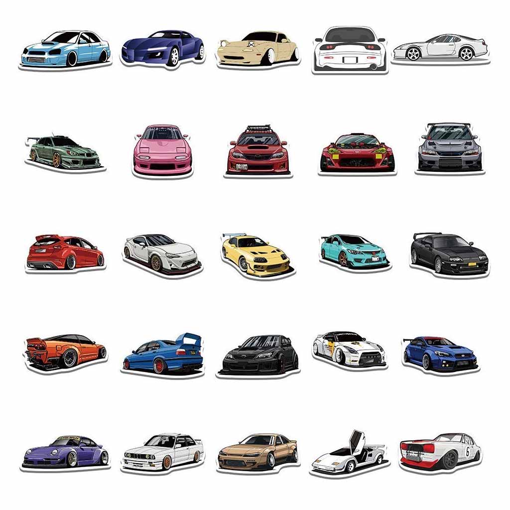 Various tiny colourful JDM car stickers placed neatly on a white background, including subaru, rx7, evo, gtr, and 86