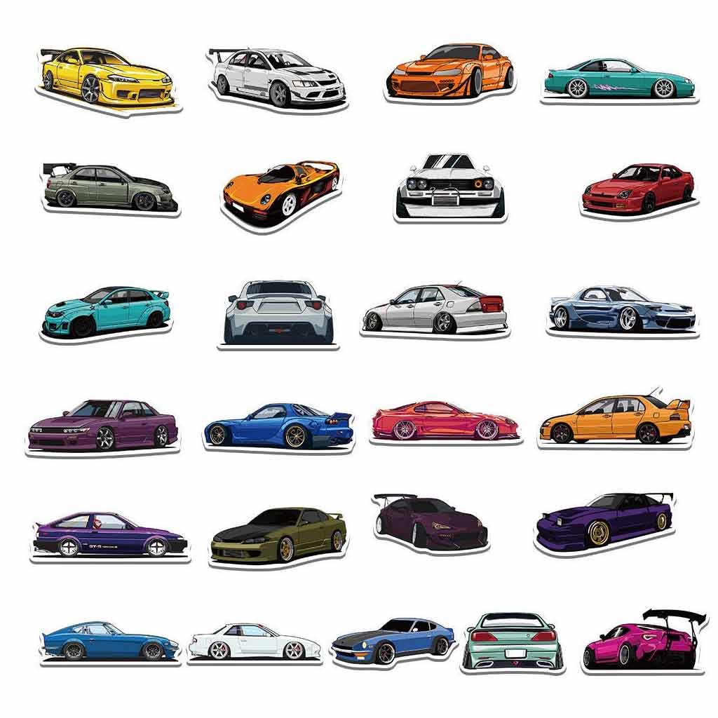 Various tiny colourful JDM car stickers placed neatly on a white background, including silvia, nsx, evo, wide-body 86