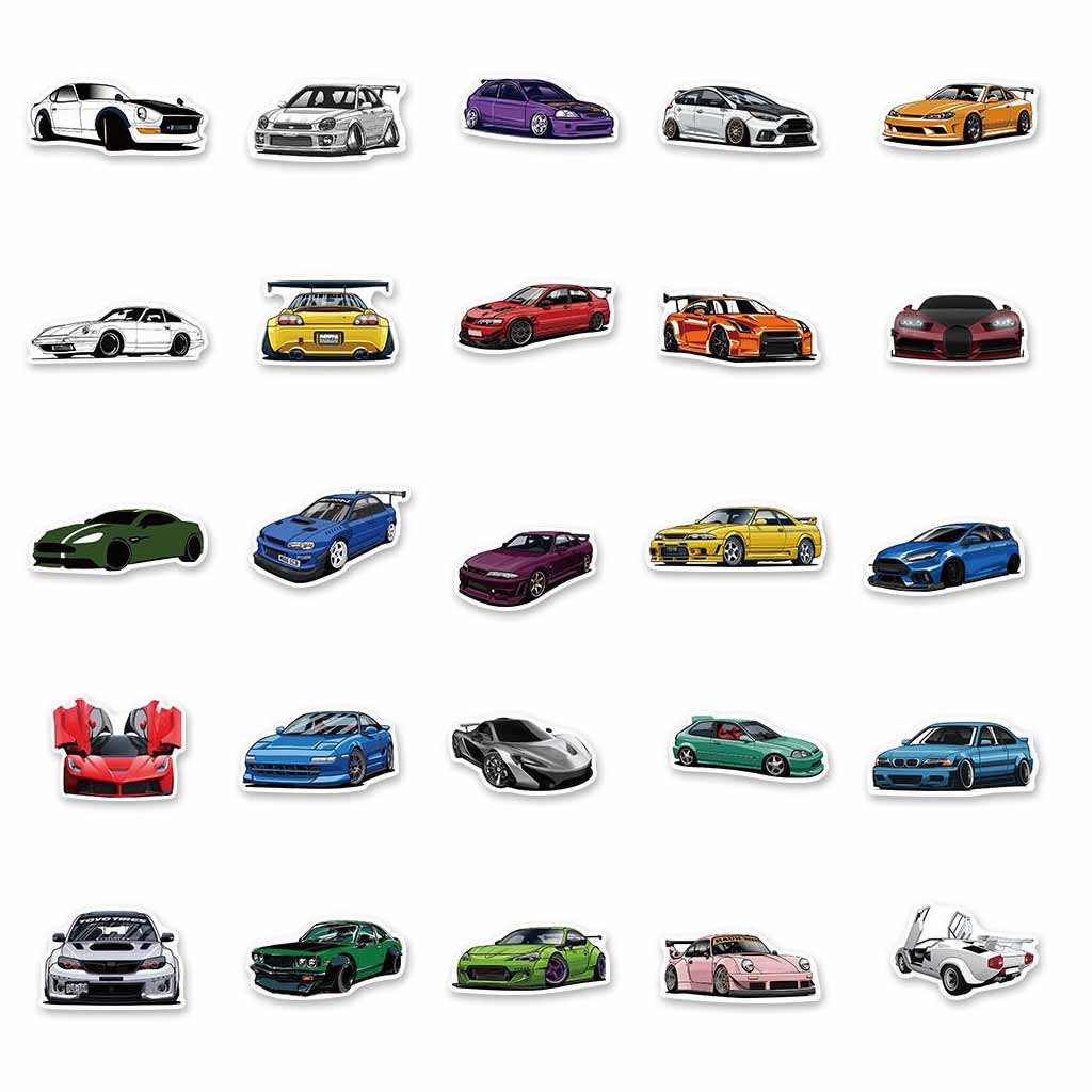 Various tiny colourful JDM car stickers placed neatly on a white background, including vintage porsche, r35, lamborghini