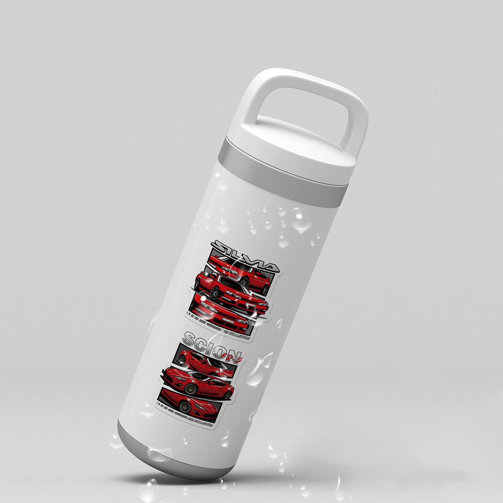 Red silvia and scion 86 stickers applied on a white bottle with water drops around