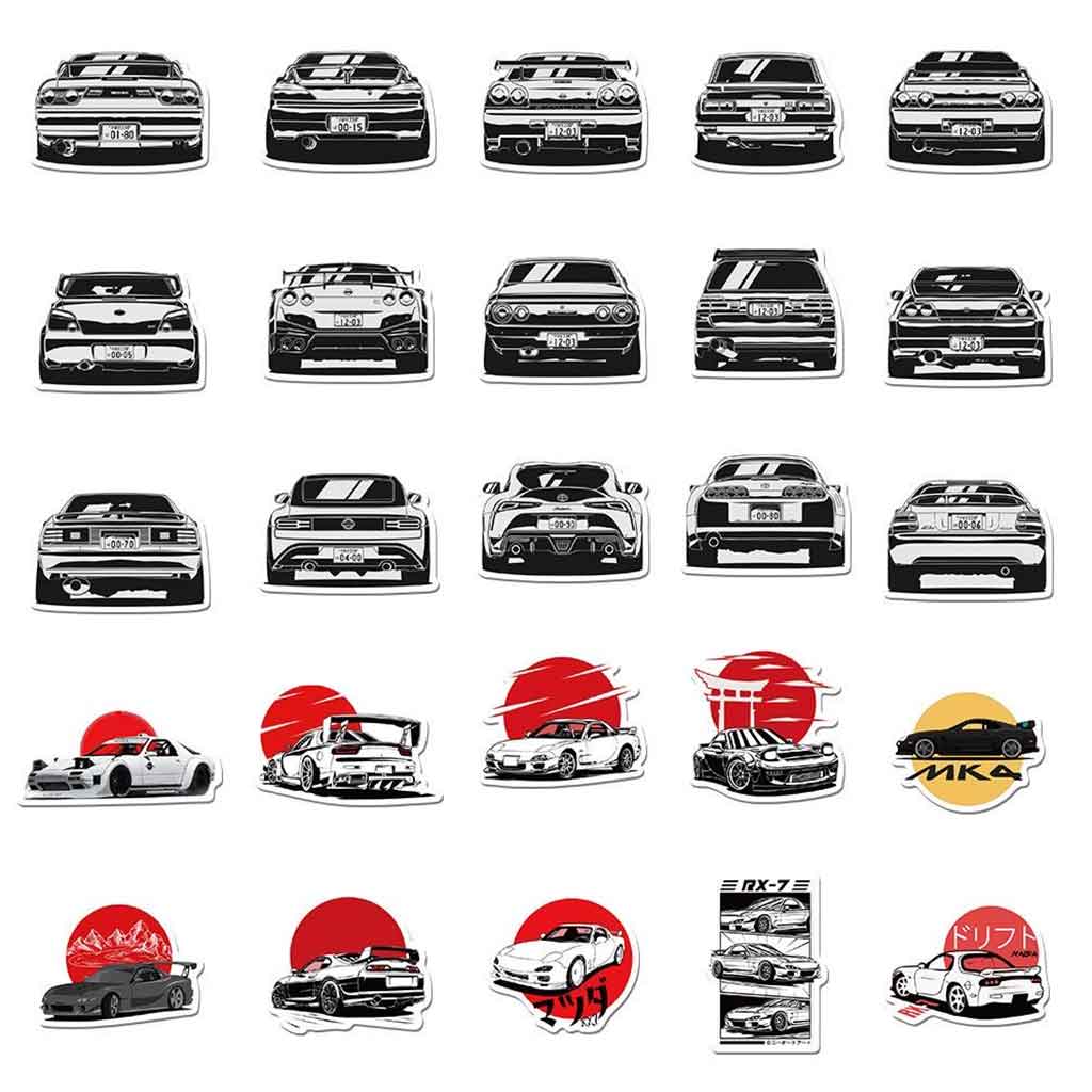 Various black and white and red JDM car stickers placed neatly on a white background, with most of them facing-forward