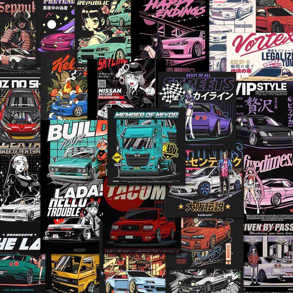 Assorted JDM mini stickers flat laid and placed neatly
