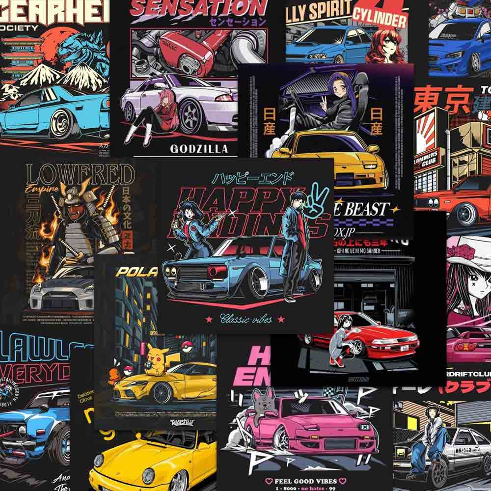 Multiple JDM stickers such as Supra, Gorilla GTR, and Miata flat laid and placed neatly
