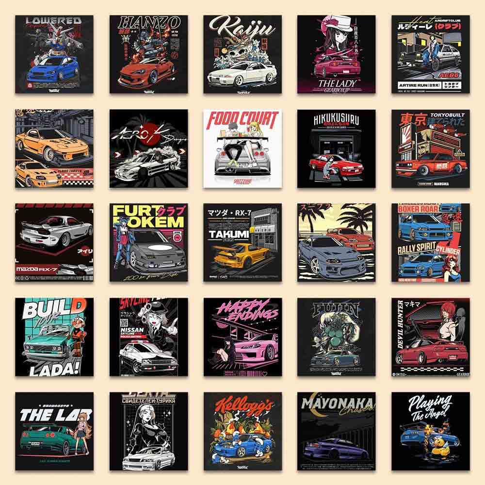 Assorted JDM cars stickers placed neatly on a cream colour background