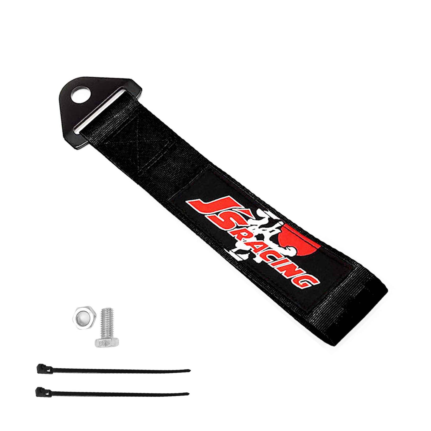 A black Js racing tow strap, a set of bolt and nut, and two zip ties on a white background