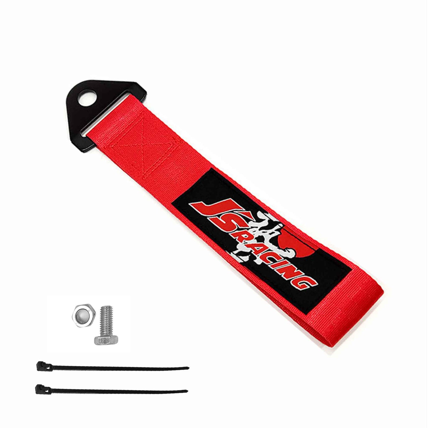 A red Js racing tow strap, a set of bolt and nut, and two zip ties on a white background