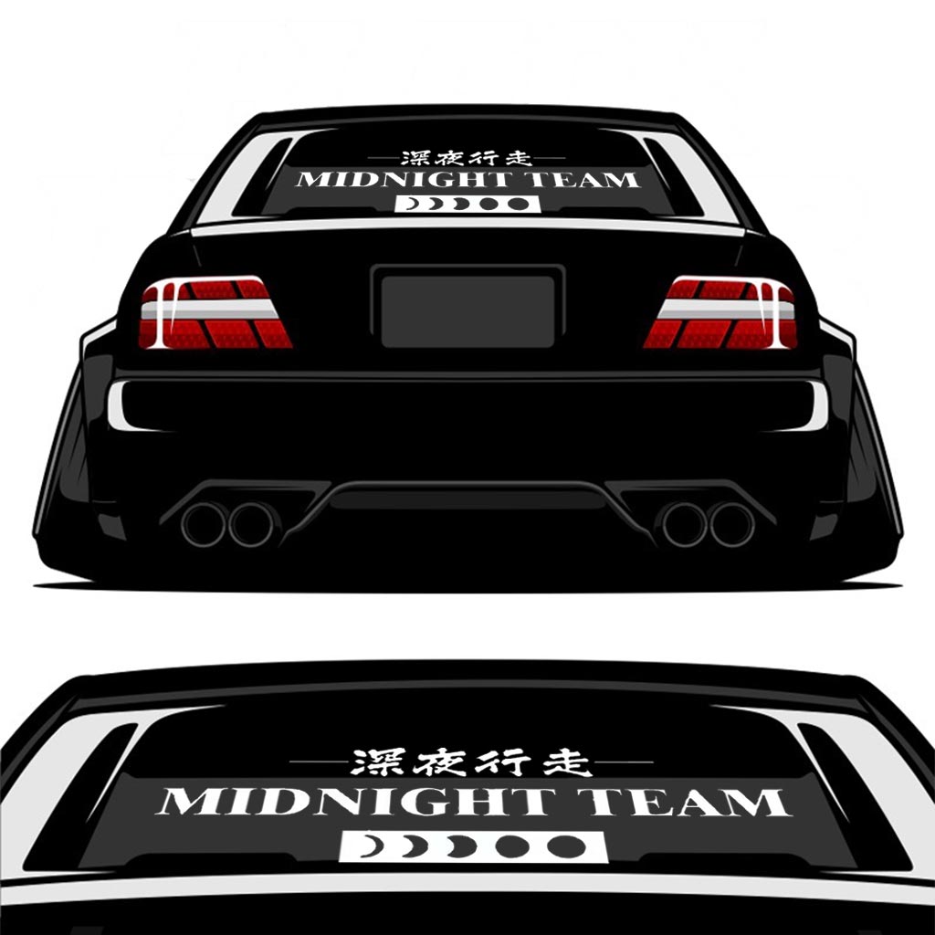 A Midnight Team vinyl decal applied on a rendered black car's rear window on a white background