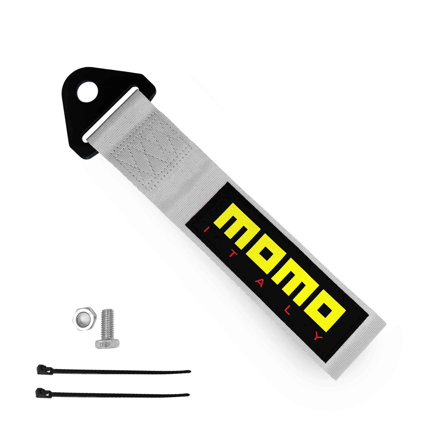 A silver momo tow strap, a set of bolt and nut, and two zip ties on a white background