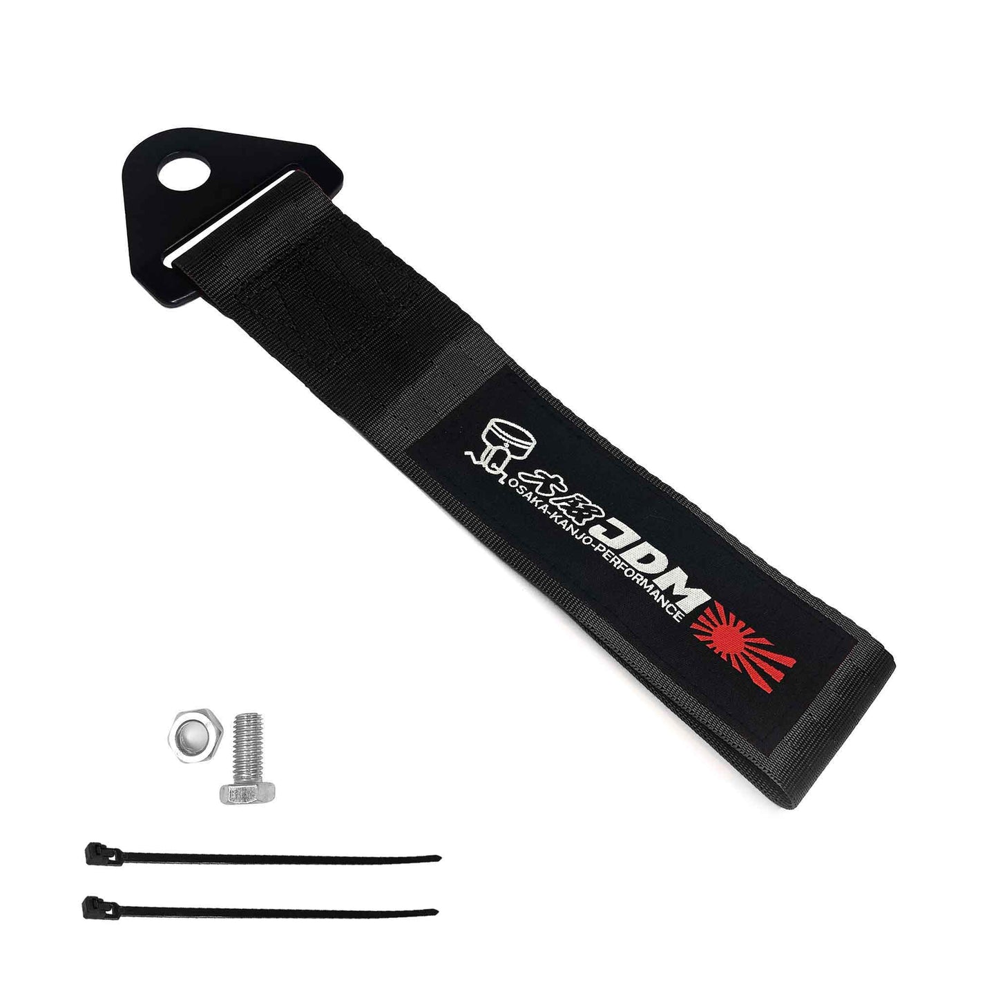 A black Osaka JDM tow strap, a set of bolt and nut, and two zip ties on a white background
