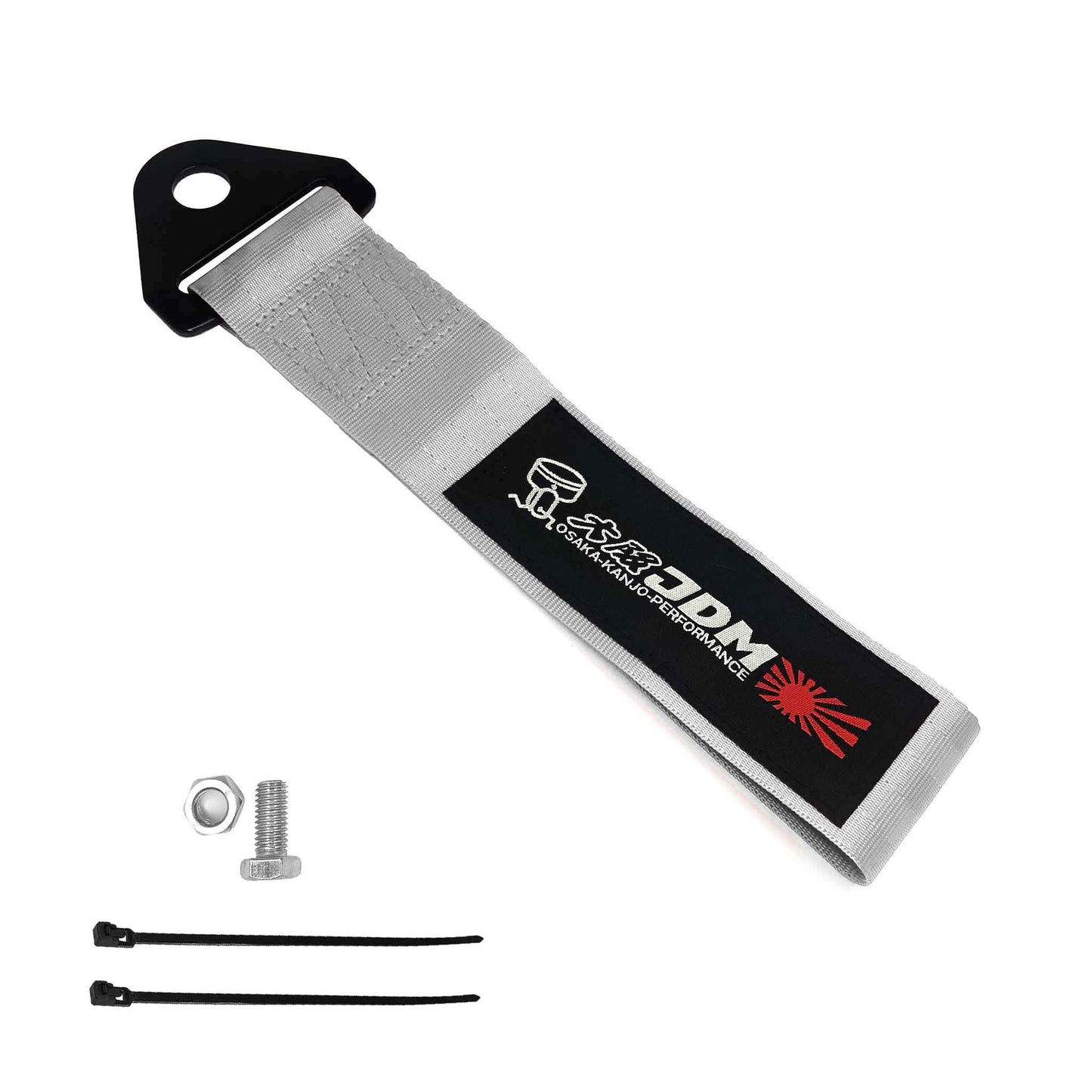 A silver Osaka JDM tow strap, a set of bolt and nut, and two zip ties on a white background