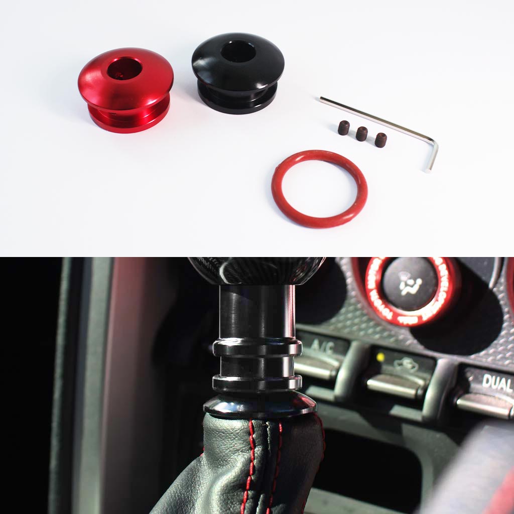 Two non-threaded boot retainers in different colours and installation tools on the top half, and the display of the boot retainer installed on a car on the bottom half