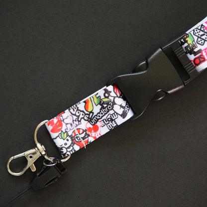 Close-up of the buckle and header section of the lanyard