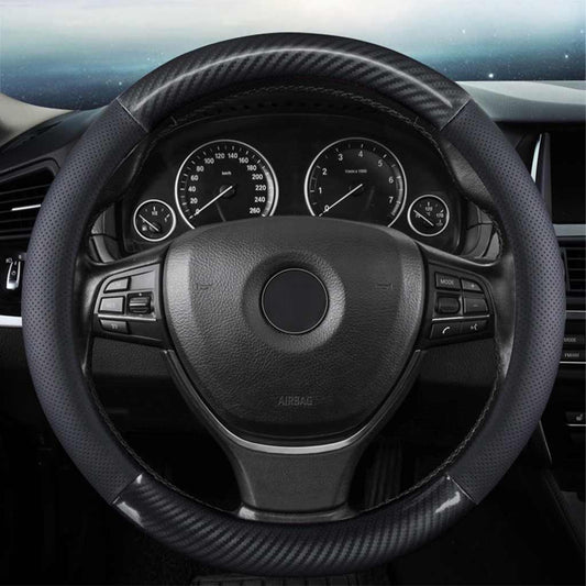 A all-black carbon fibre steering wheel cover in O shape installed on a car's steering wheel