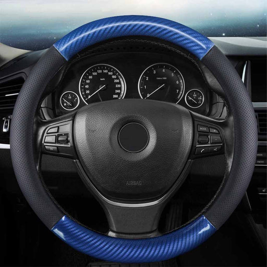 A blue and black carbon fibre steering wheel cover in O shape installed on a car's steering wheel