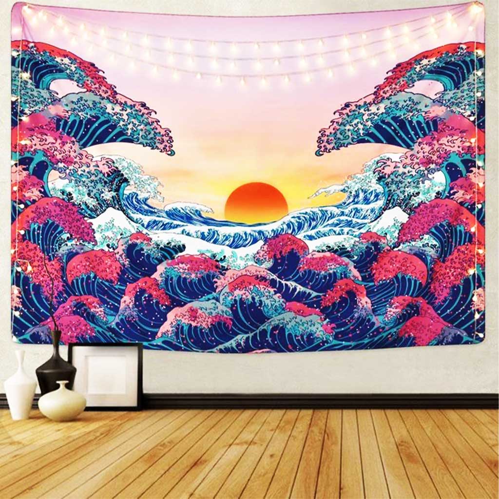 A wall poster featuring Japanese-style waves and the rising sun hung on a wall, and there are some vases and photo frame on the timber floor underneath the poster