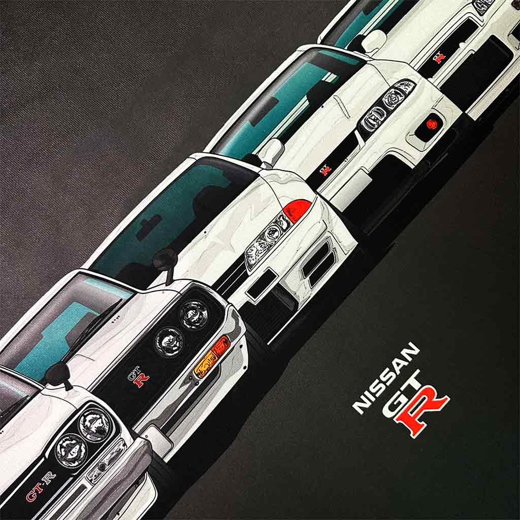 Close-up of the GTR evolution wall art and the 'Nissan GTR' characters