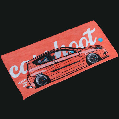 A car towel featuring a wagon Japanese car and the white writing 'car shoot' on a black background