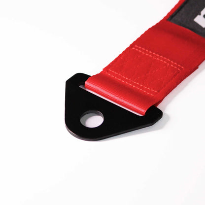 Close-up of the black metal bracket of the JDM tow strap