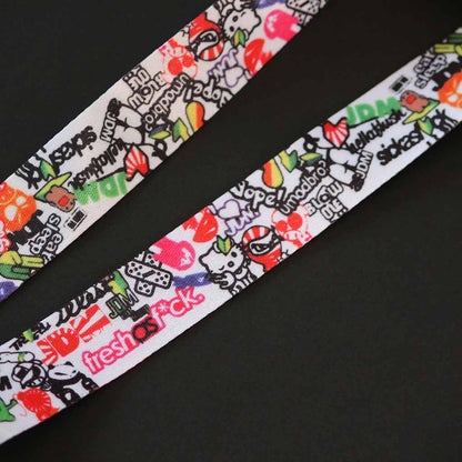 Close-up of the lanyard patterns including hello kitty, ninja, JDM rising sun, wakaba leaf etc.