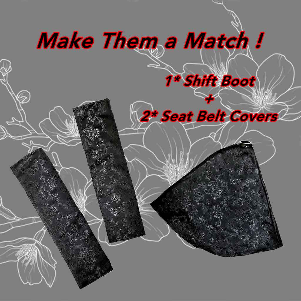 Two pieces of JDM seat belt covers and a shift boot featuring all-black flying cranes and flowers on a same-theme background, with characters "make them a match!"