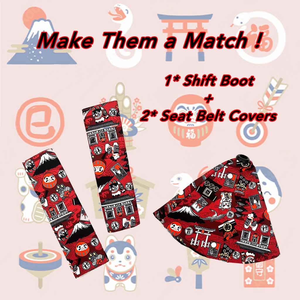 Two pieces of JDM seat belt covers and a shift boot featuring Japanese elements such as daruma and lucky car on a same-theme background, with characters "make them a match!"