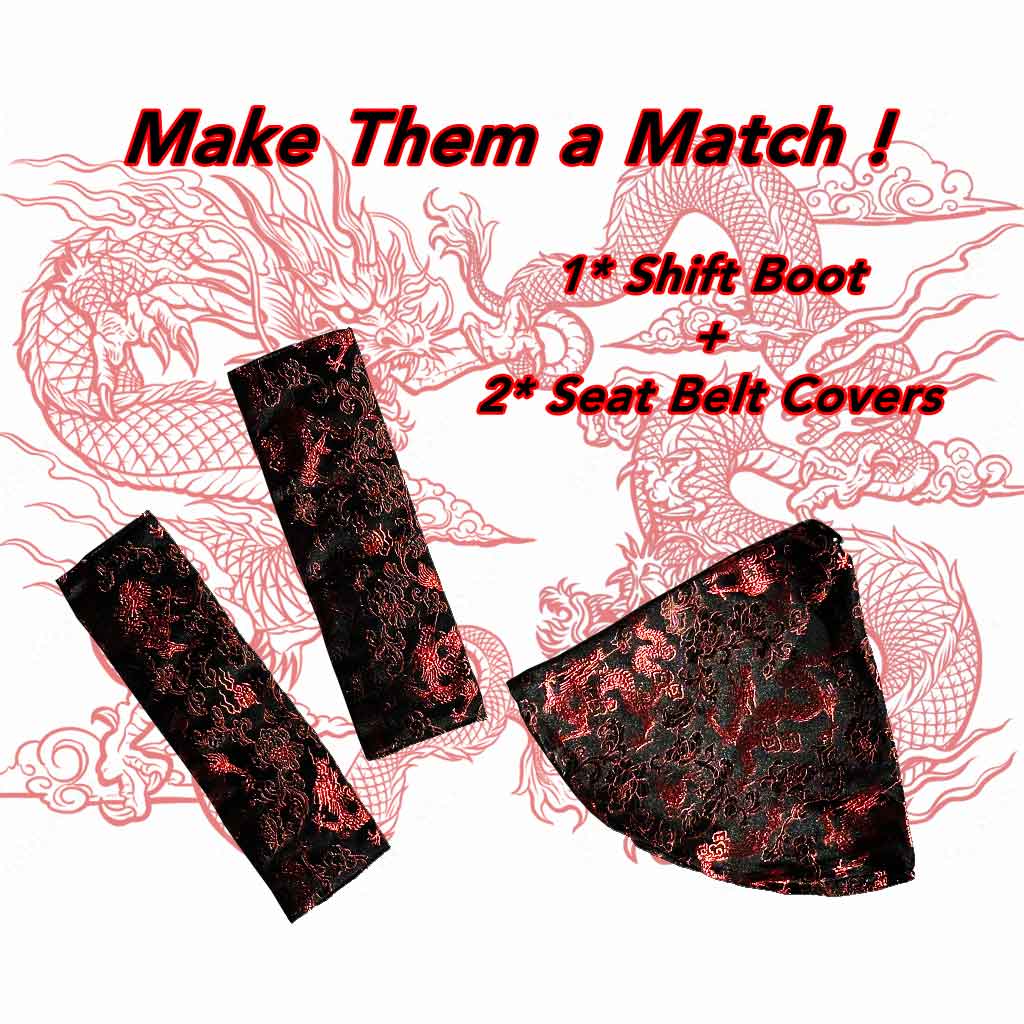 Two pieces of JDM seat belt cover and a shift boot featuring red Eastern Dragons on a same-theme background, with characters "make them a match!"