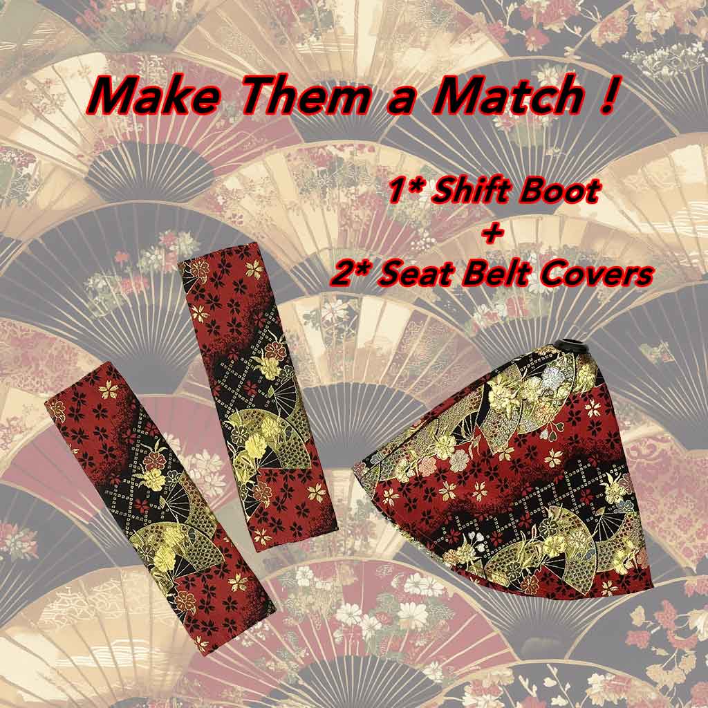 Two pieces of JDM seat belt covers and a shift boot featuring golden and red cherry blossoms and Japanese fans on a same-theme background, with characters "make them a match!"