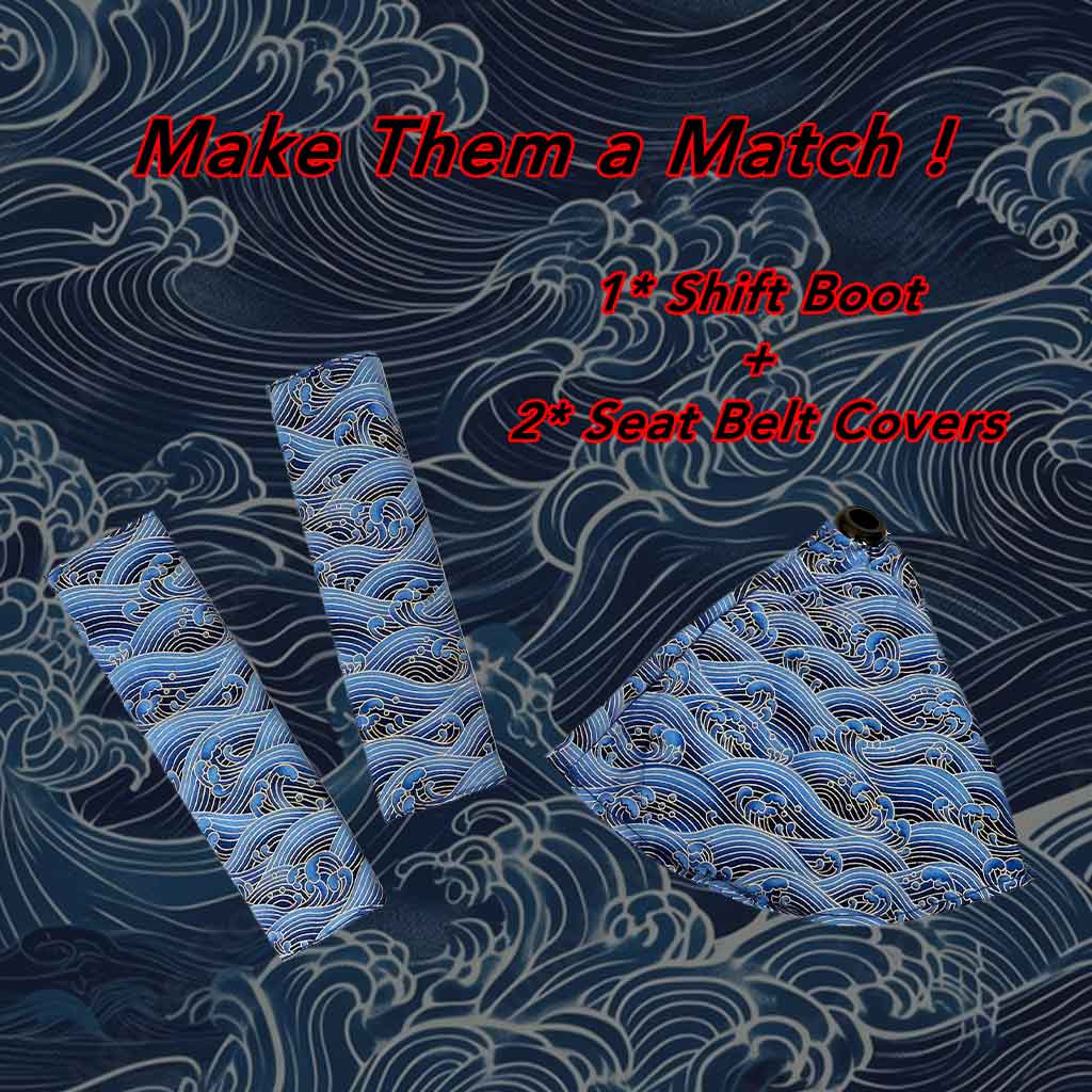 Two pieces of JDM seat belt covers and a shift boot featuring blue Japanese waves on a same-theme background, with characters "make them a match!"