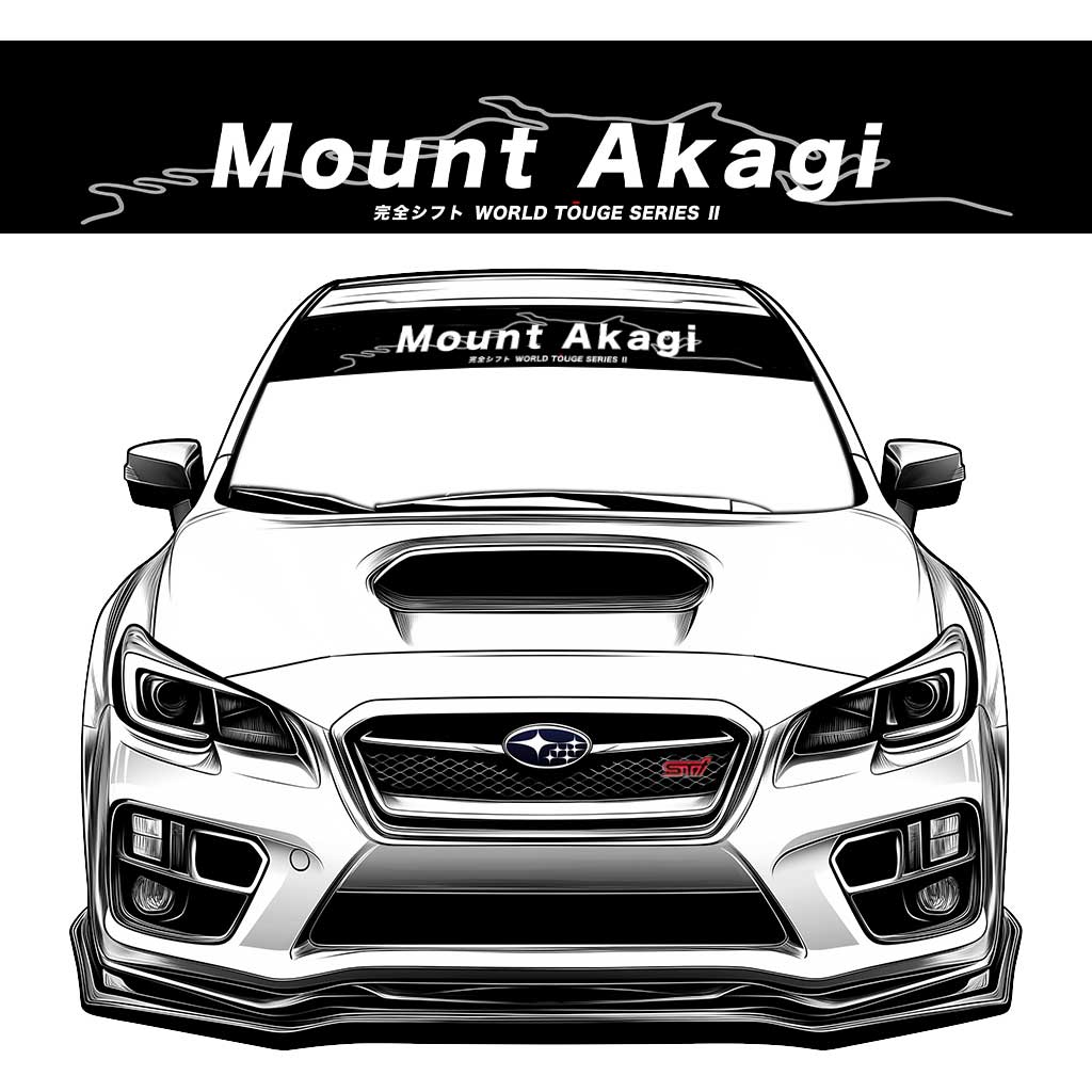 A black JDM car banner sticker with white character 'Mount Akagi' on a Subaru WRX STI front window