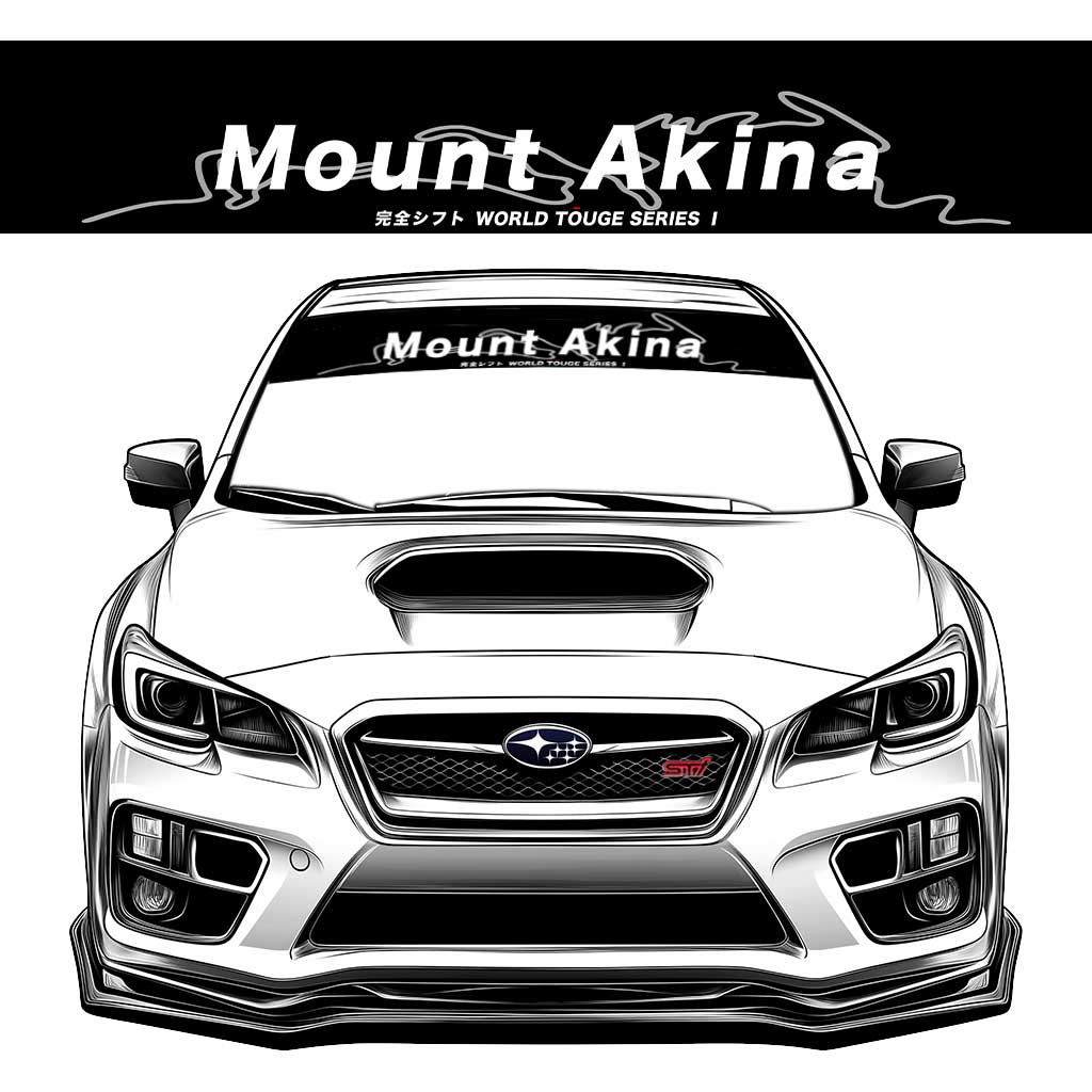 A black JDM car banner sticker with white character 'Mount Akina' on a Subaru WRX STI front window