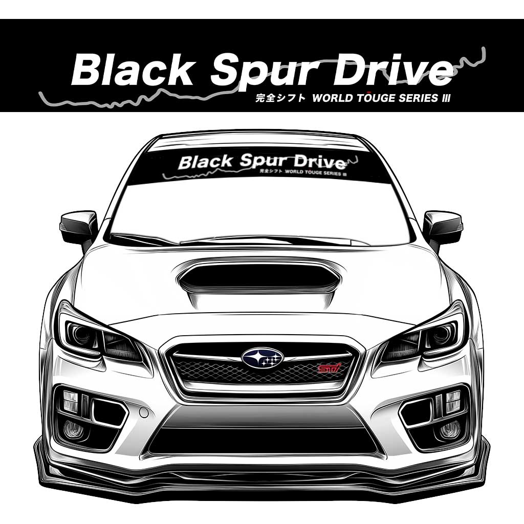 A black JDM car banner sticker with white character 'black spur drive' on a Subaru WRX STI front window