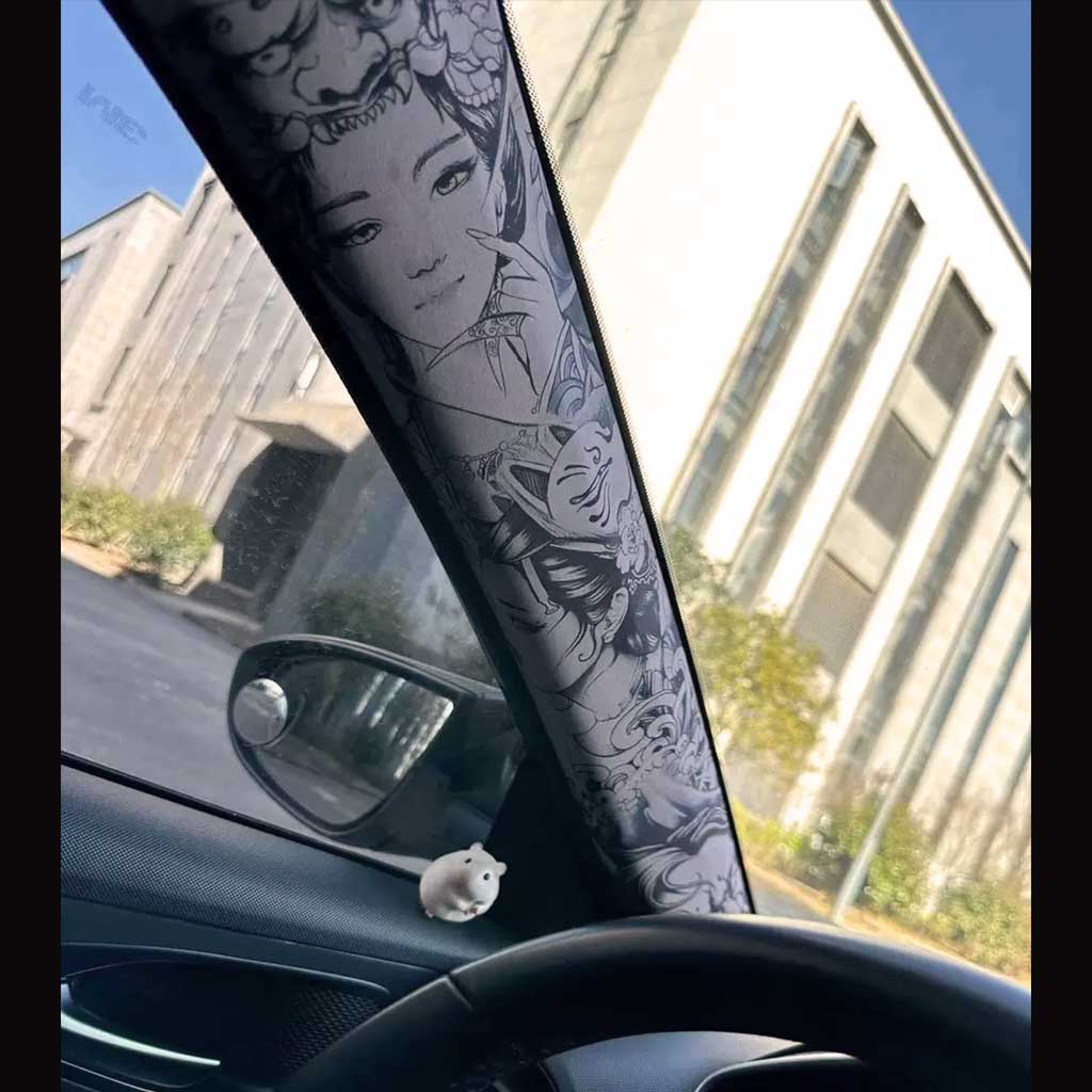 Display of Japanese style car AB pillar sticker in a car