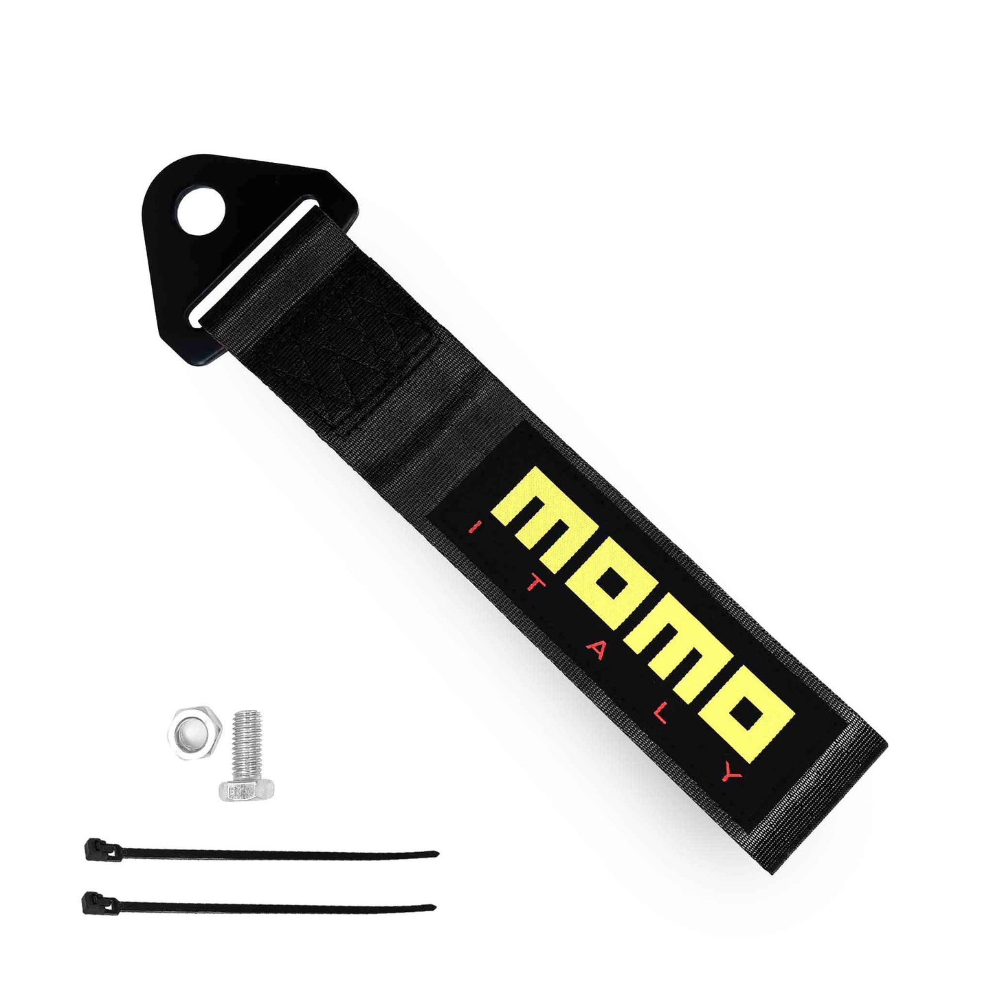 A black momo tow strap, a set of bolt and nut, and two zip ties on a white background