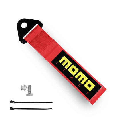 A red momo tow strap, a set of bolt and nut, and two zip ties on a white background