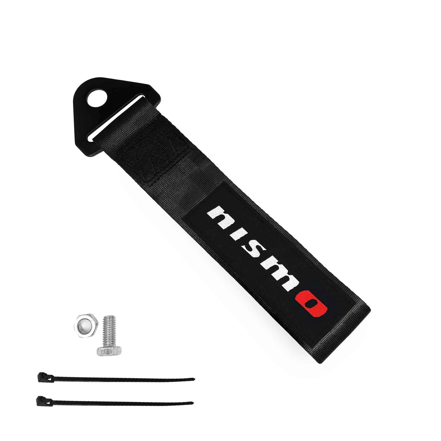 A black nismo tow strap, a set of bolt and nut, and two zip ties on a white background