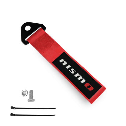 A red nismo tow strap, a set of bolt and nut, and two zip ties on a white background