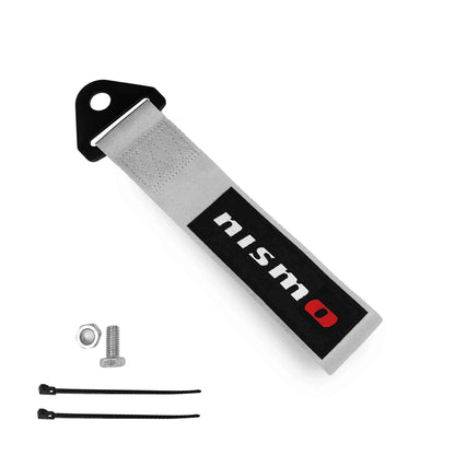 A silver nismo tow strap, a set of bolt and nut, and two zip ties on a white background