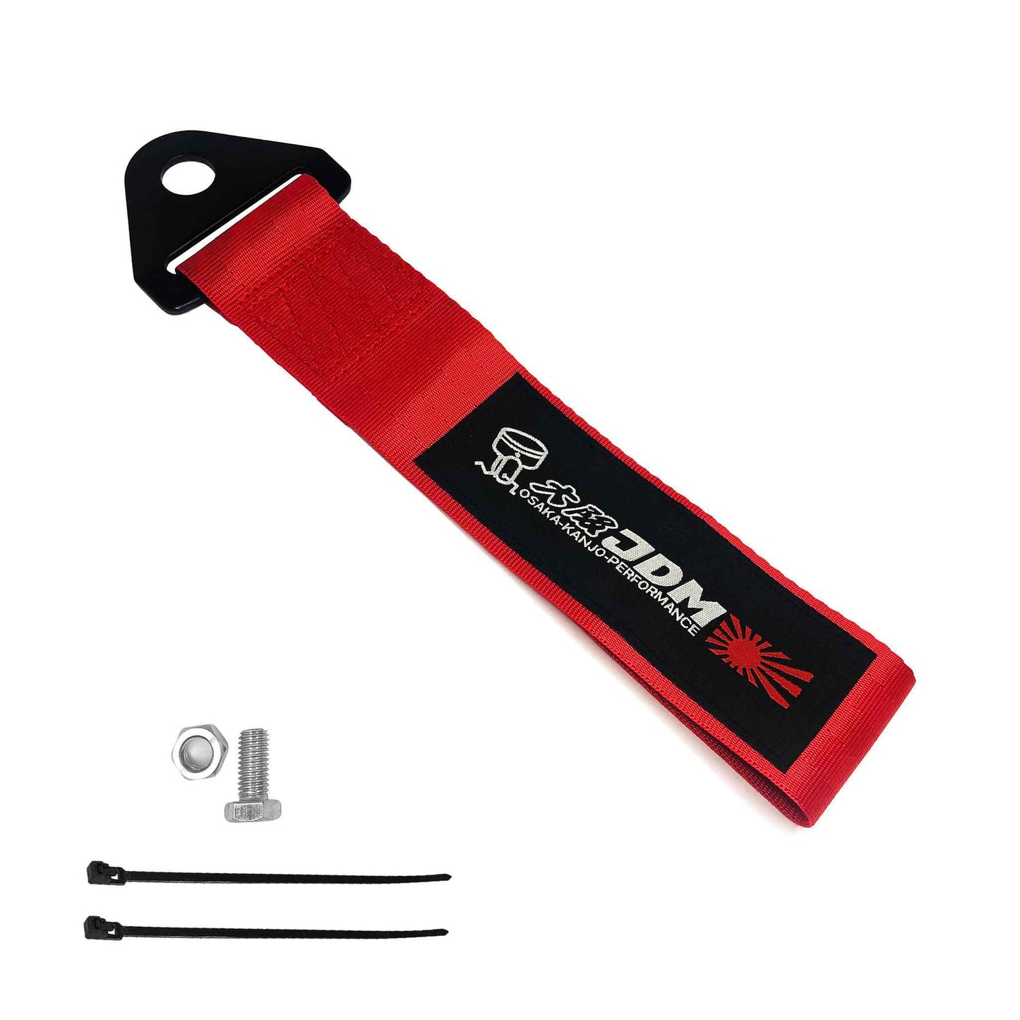 A red Osaka JDM tow strap, a set of bolt and nut, and two zip ties on a white background