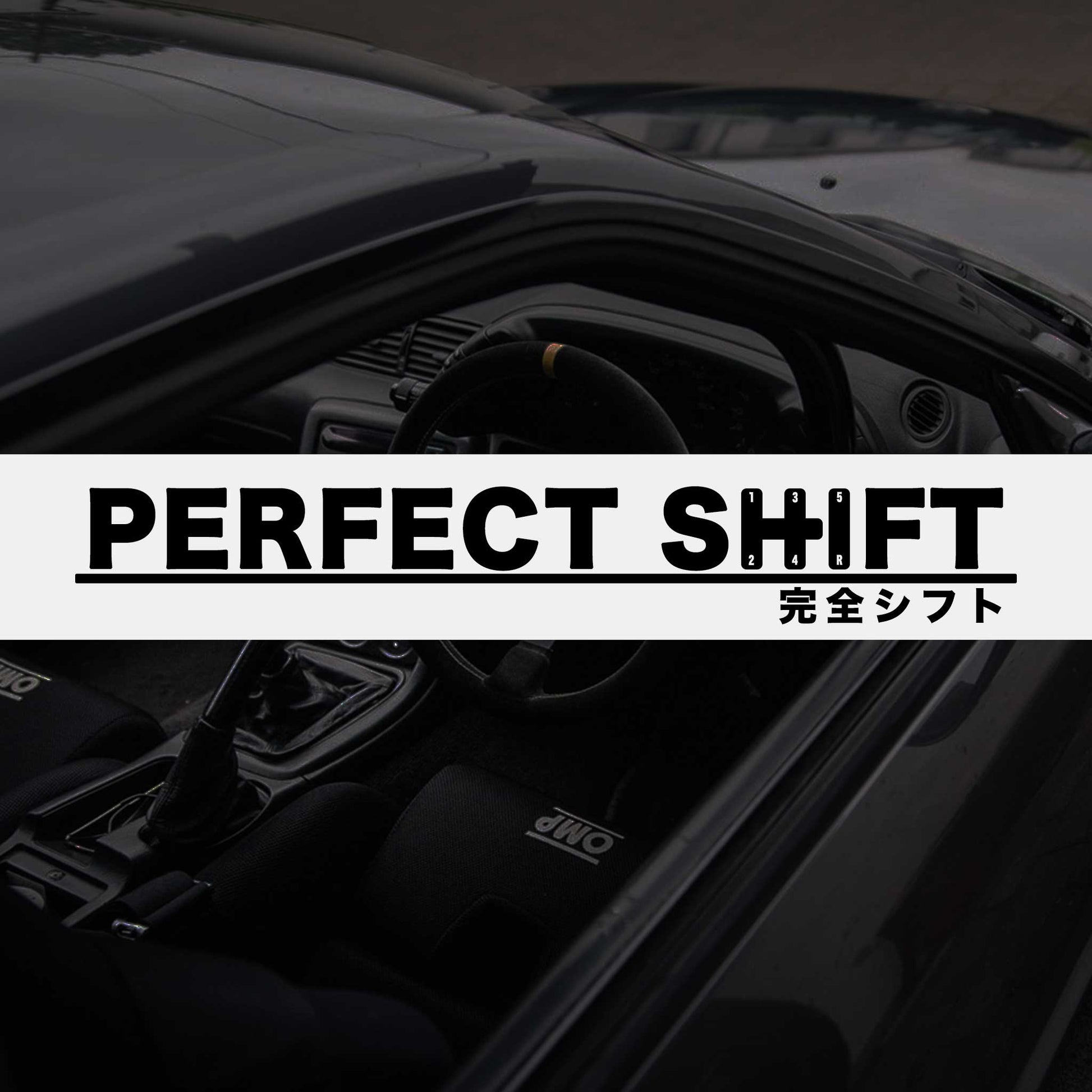 A branded Perfect Shift windshield banner with a darkened car interior at the back